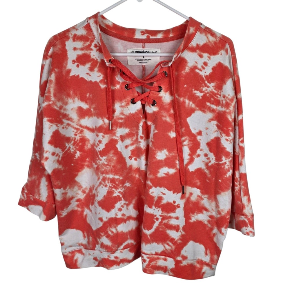 The Sweatshirt Project Lace Up Top Women L Orange Good Tie Dye 3/4 Sleeve